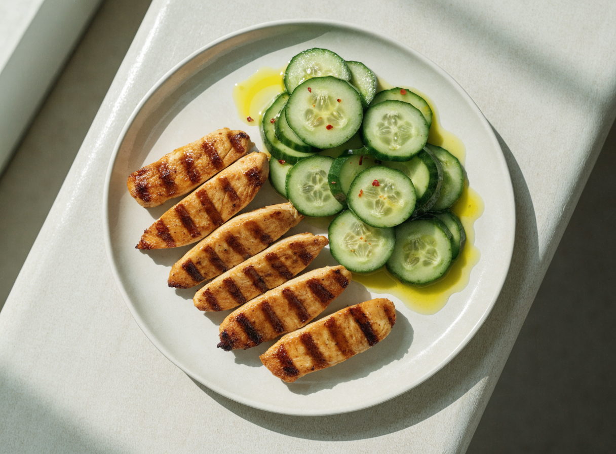 Chicken Strips with Spicy Cucumber Salad healthy recipe