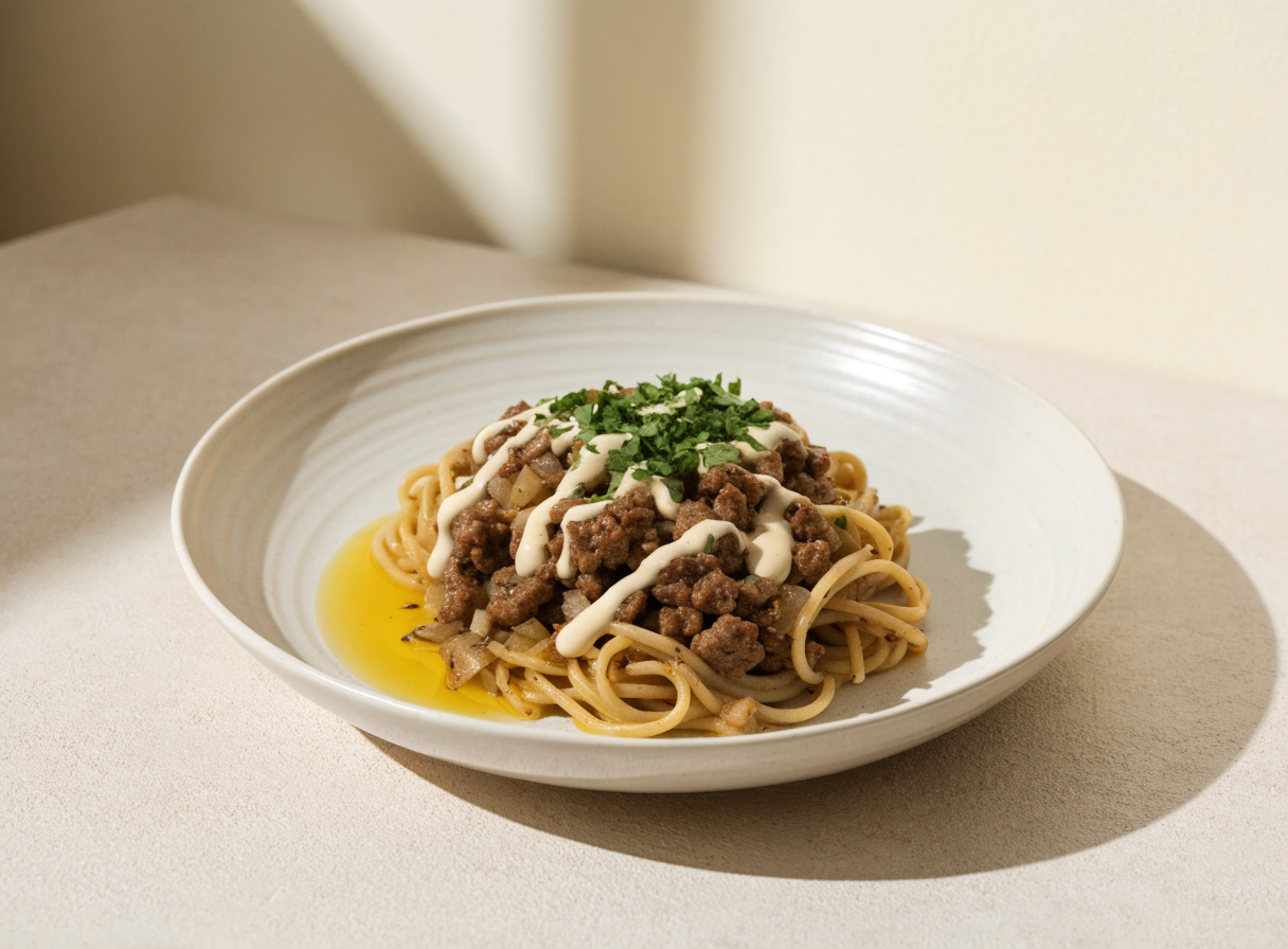 Ground Beef & Tahini Pasta healthy recipe