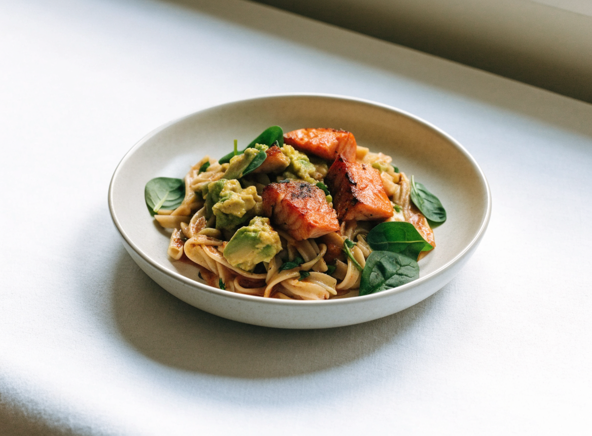 Salmon & Avocado Basil Pasta healthy recipe
