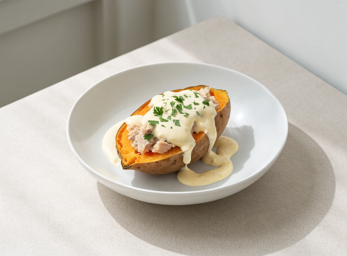 Stuffed Sweet Potato with Tuna & Yogurt Sauce healthy recipe