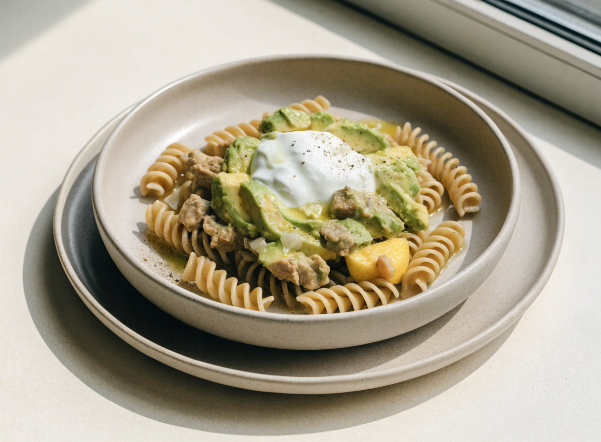Tuna & Avocado Yogurt Pasta healthy recipe